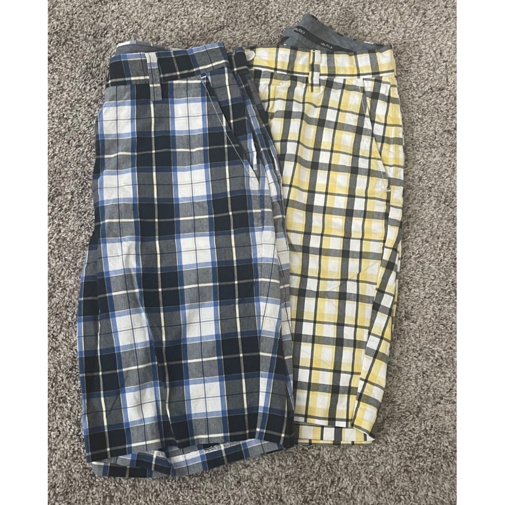 Nautica Chino Shorts Men's 34W Blue Plaid, & Yellow Plaid Lot of 2